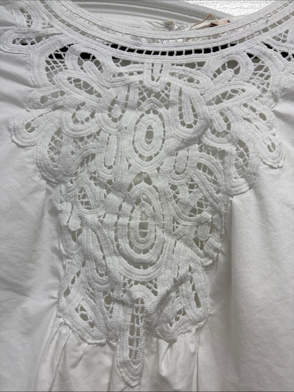 Free People M White Crochet Lace Yoke Puff Sleeve Blouse floaty boho - Picture 2 of 4